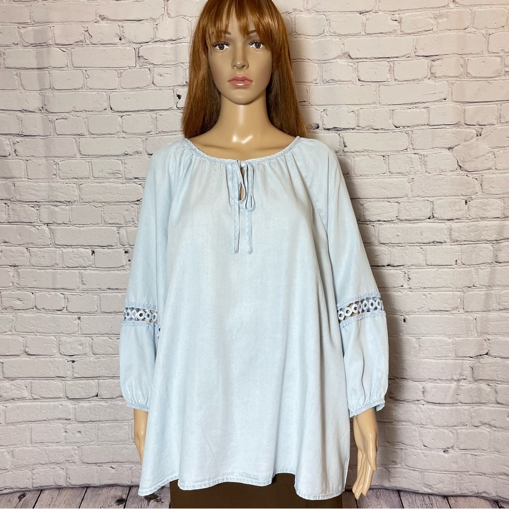 NWT New Madison Grey Chambray Denim 3/4 Sleeve Peasant Blouse Size 3X